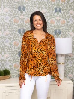 Leopard Print Tunic Top W/ Tie Neck And Balloon Sleeves | S-L