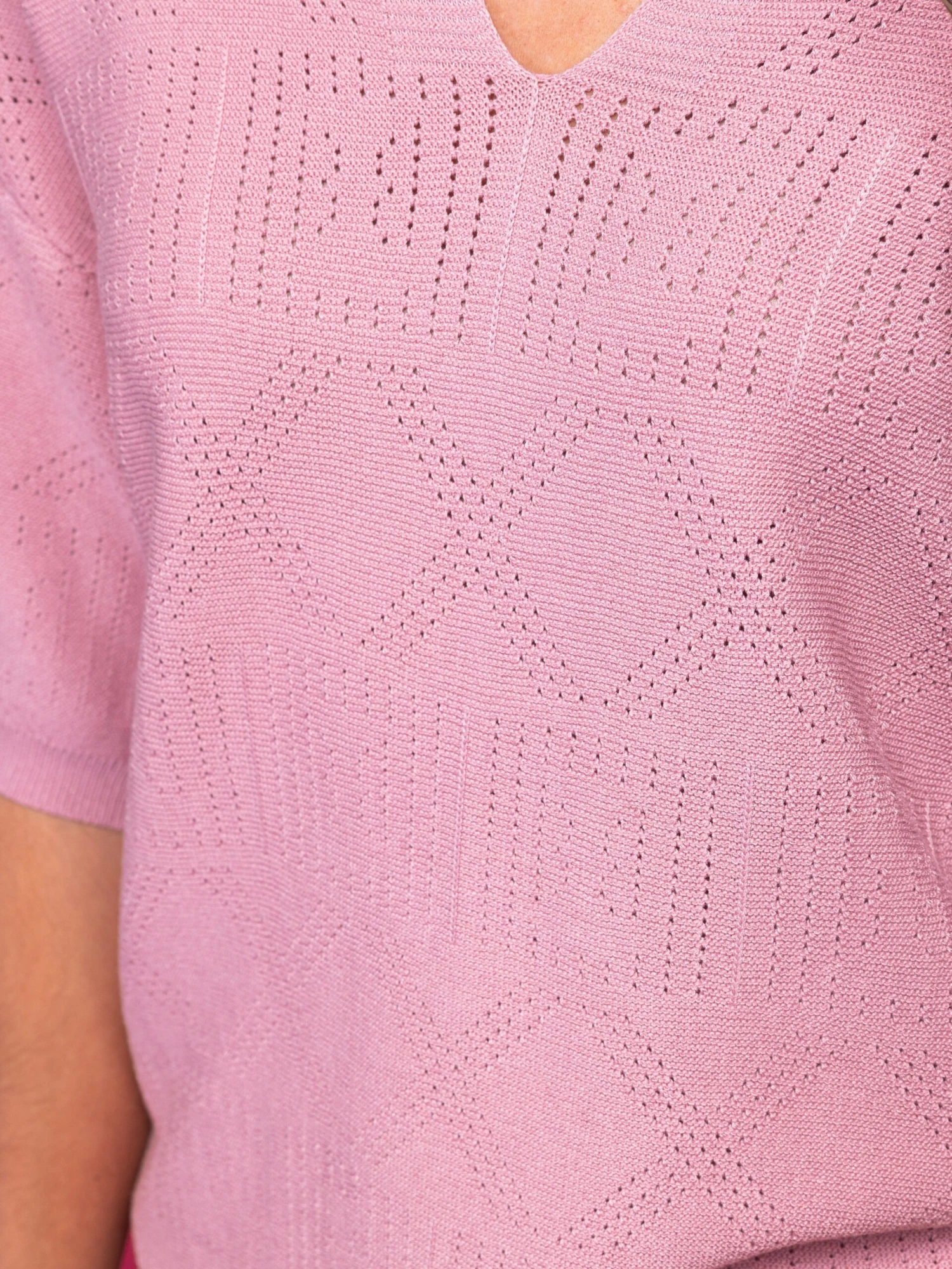 Short Sleeve Collared Crochet Knit Top | S-Lw/ Sku49947 - Image 4