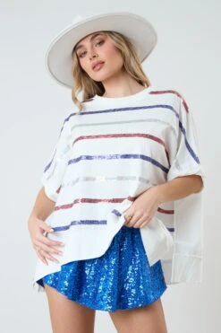 Sequin Stripe Embroidered Oversized Top | S - L Fantastic Fawn