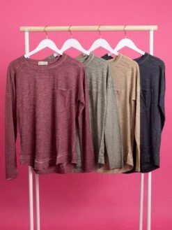 Heathered Long Sleeve Round Neck Raw Edge Top | S-L