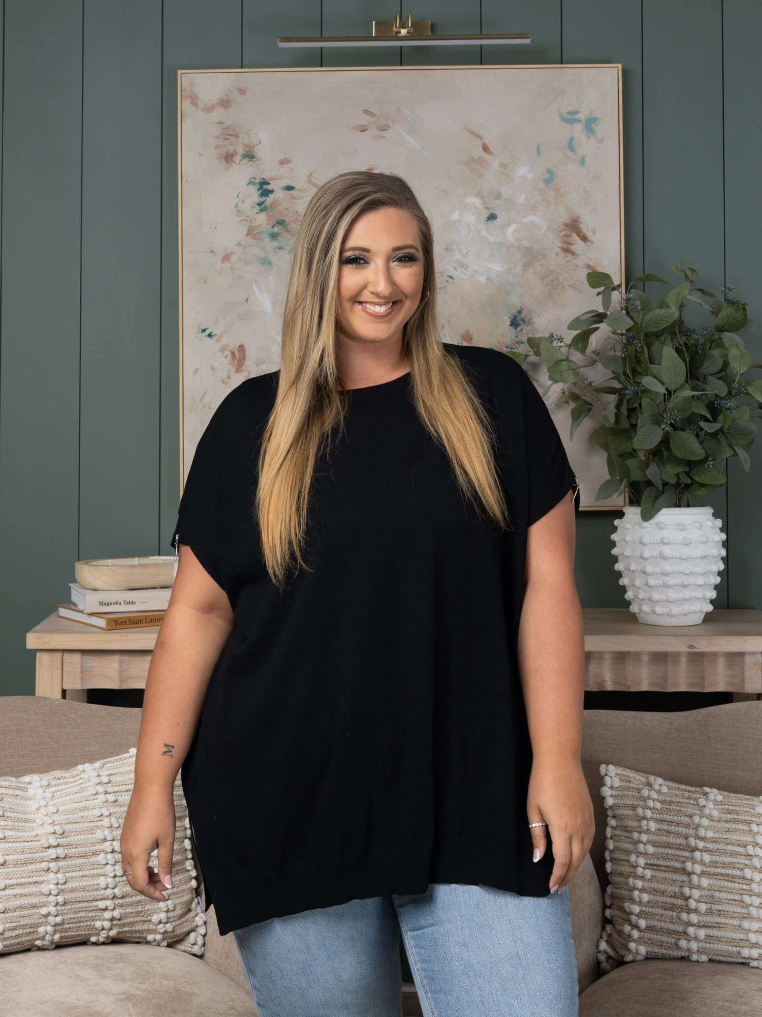 Shoulder Zipper Detail Sweater Knit Top | S - 3X