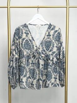 Printed V-Neck Blouse W/ Long Balloon Sleeves | S - L