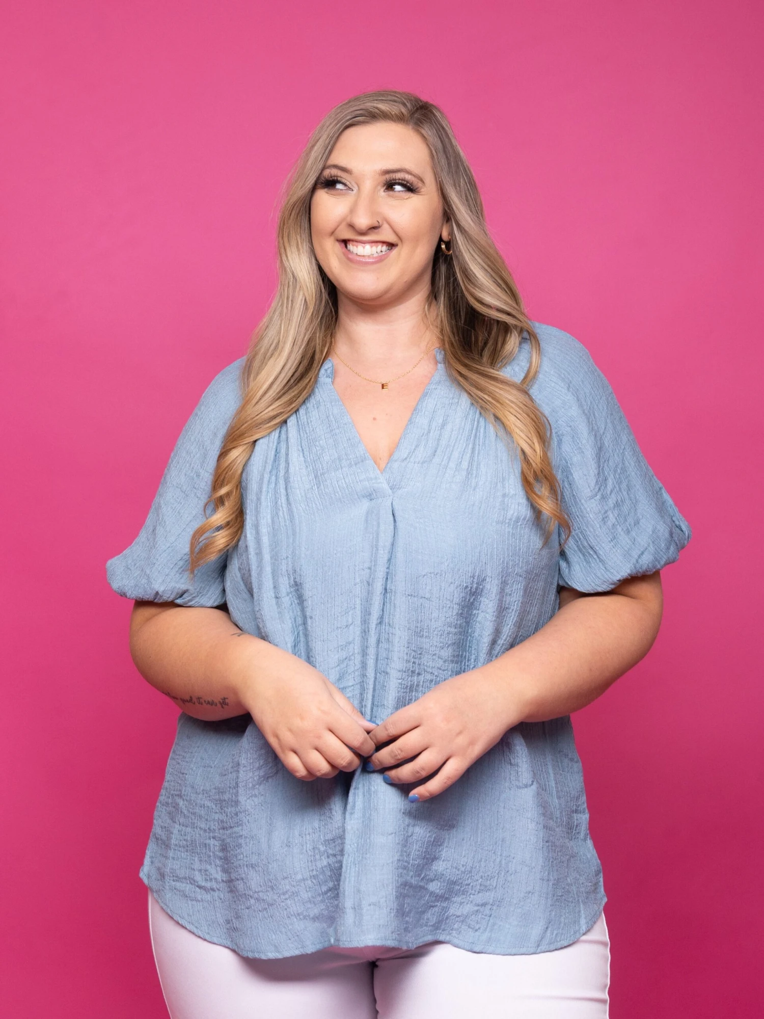 Scrunched Elastic V Neck Relaxed Shirt |S-L W/ Sku49950 - Image 2