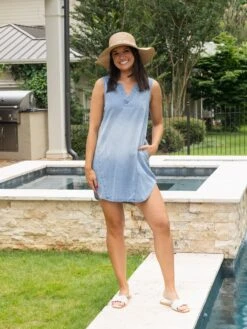 Light Wash Split Neck Sleeveless Chambray Dress | S - XL