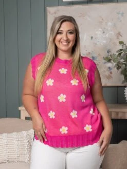 Floral Pattern Crochet Ribbed Hem Sleeveless Top | S-3X