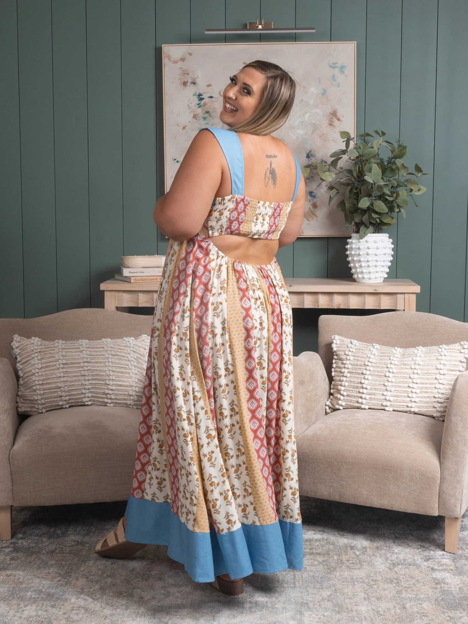 Contrast Denim Open Smocking Back Pleated Dress | S - 3XL Summer Concerts & Festivals - Image 4