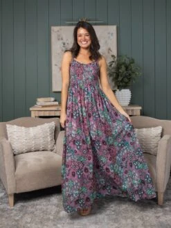 Printed Chiffon Smocked Top Lined Maxi Dress | S - L