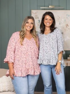 V-Neck Floral Ruffle Detailed Sleeve Top | S - 3X