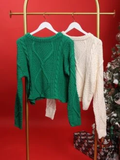 Crew Neck Long Sleeve Cable Knit Sweater | S-L