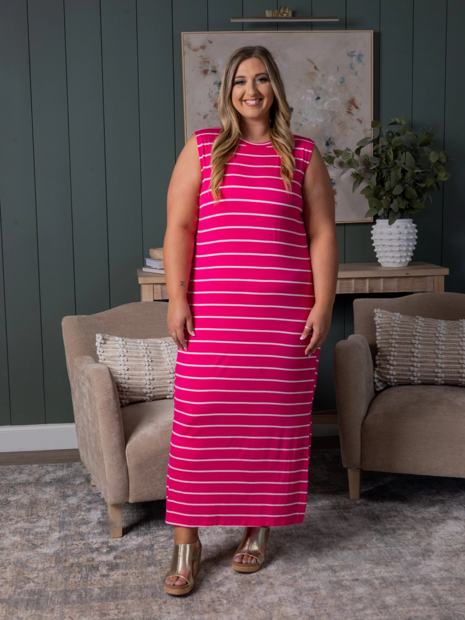 Stripe Side Slit Sleeveless Maxi Dress | S - XL - Image 2