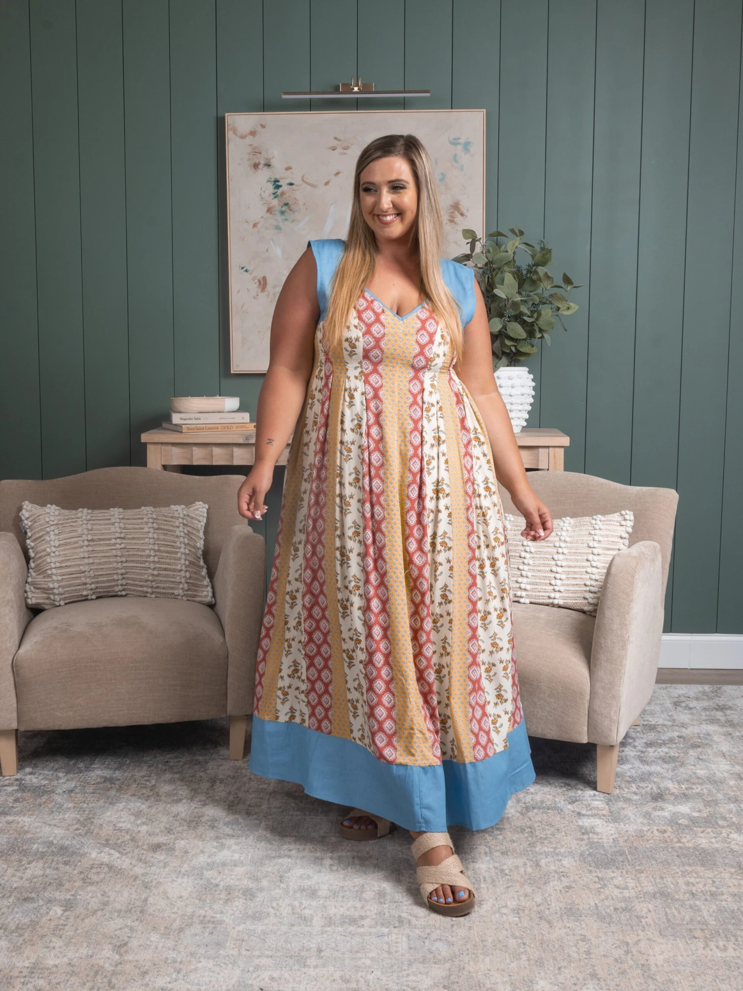 Contrast Denim Open Smocking Back Pleated Dress | S - 3XL Summer Concerts & Festivals - Image 2