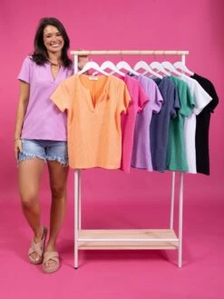 Zenana Melange Baby Waffle V Neck Short Sleeve Top | S-XL