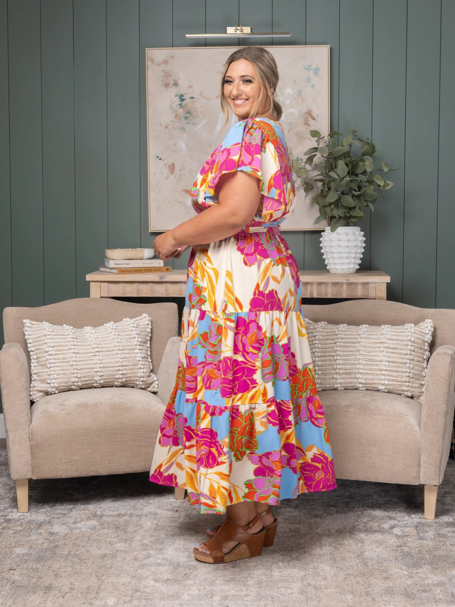 Floral Tiered V-Neck Ruffle Short Sleeves Midi Dress | S-3XL - Image 2