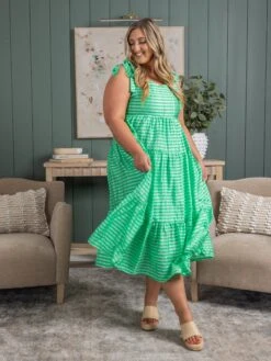 Gingham Shoulder Tie Dress | S-3XL