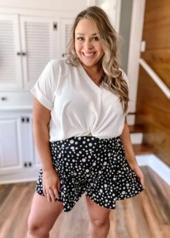 White Birch Polka Dot Knit Shorts W/ Pocket And Pleat Detail| S-3X