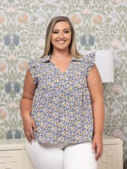 Ditsy Floral Print Collar Neck Ruffle Sleeveless Top | S - XL