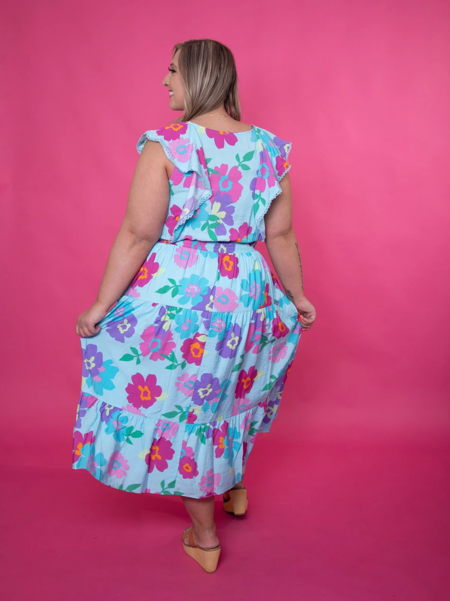 Floral Print V-Neck Lace Detail Flutter Sleeve Maxi Dress | S - 3XL - Image 4