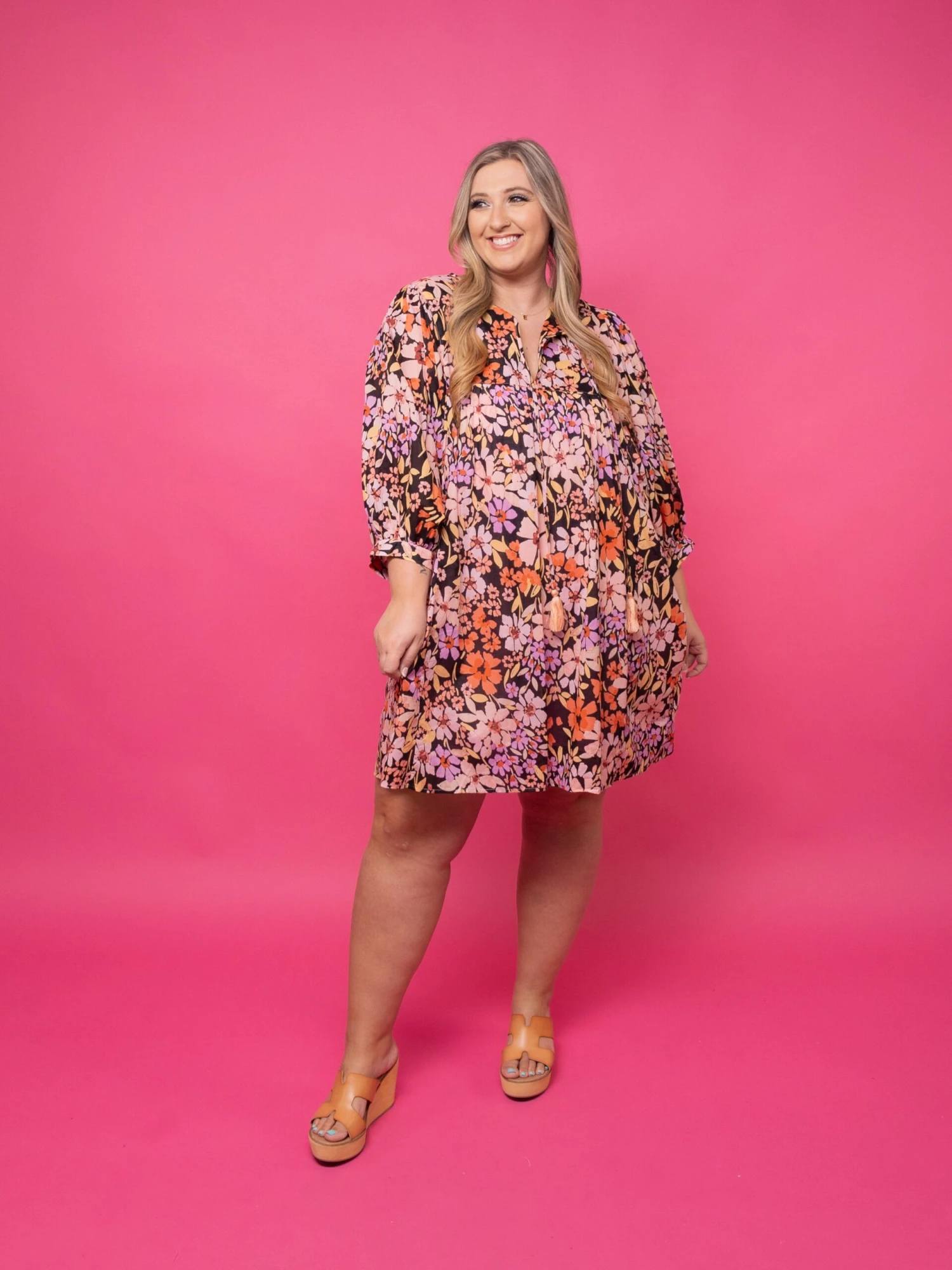 Floral Center Tie Front Mini Dress W/ 3/4 Puff Sleeves | S-3X - Image 2