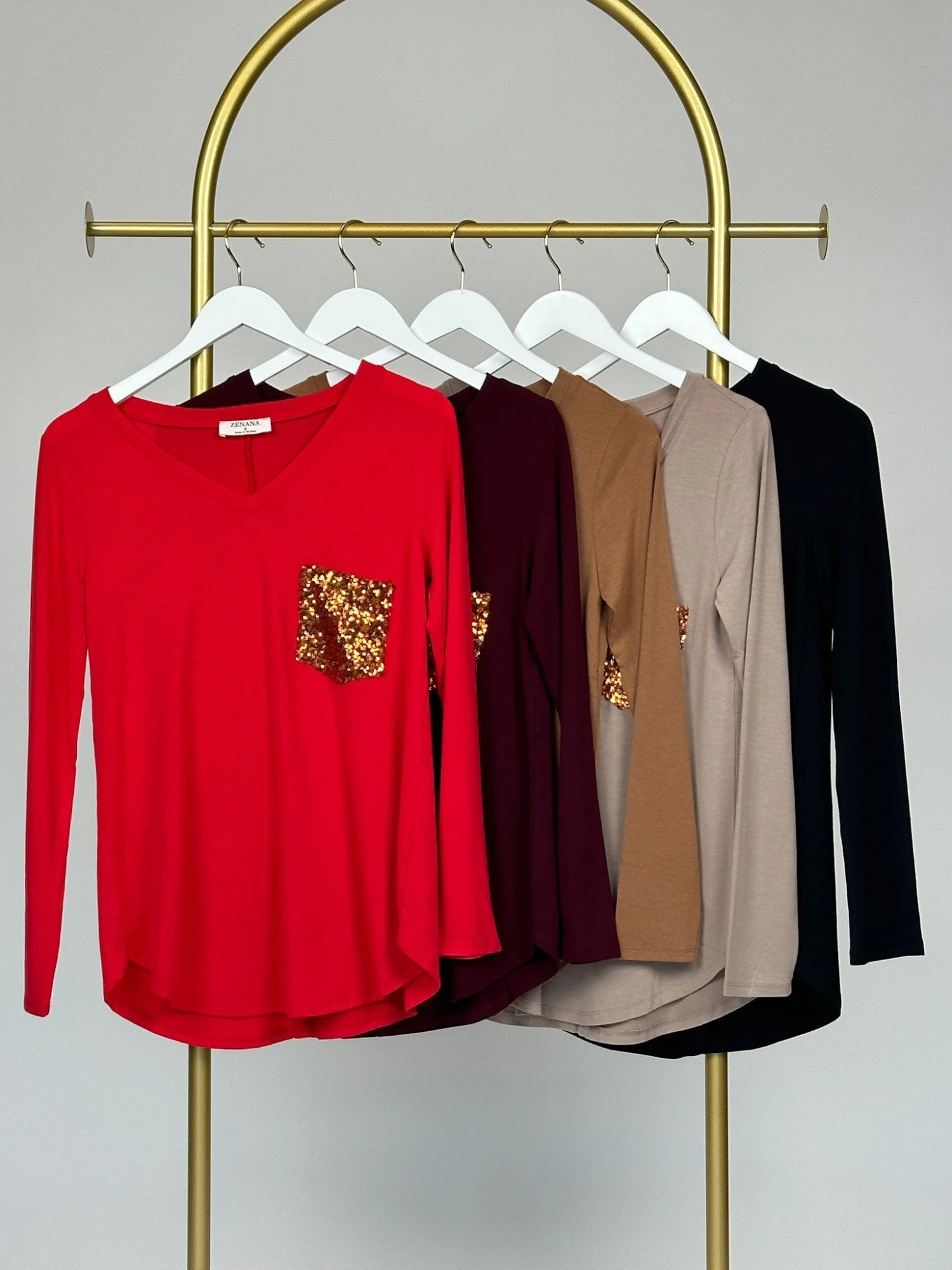 Zenana Long Sleeve V-Neck Top W/ Chest Sequin Pocket | S - 3X - Image 2