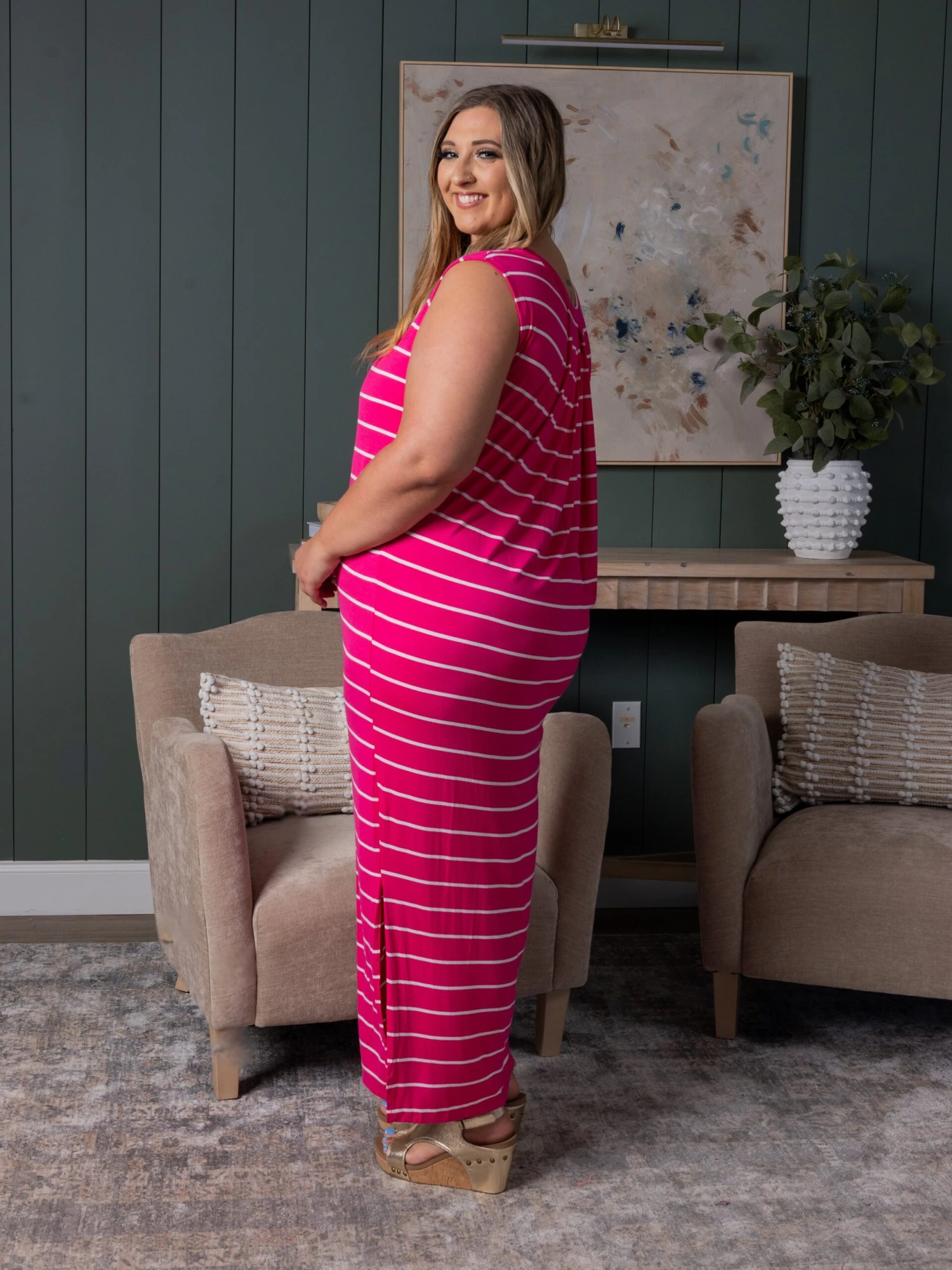 Stripe Side Slit Sleeveless Maxi Dress | S - XL - Image 3