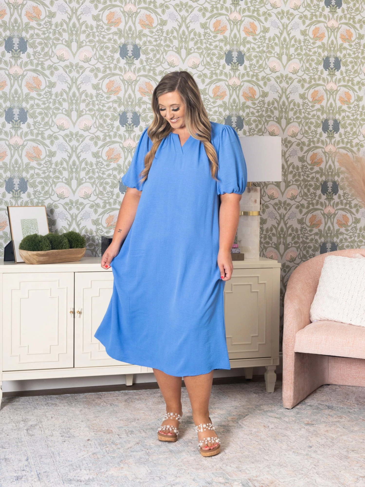 Peasant Sleeve Split Neck Midi Dress | S-3X - Image 3