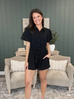 Button Down Tie Waist Romper W/ Collar| S-L
