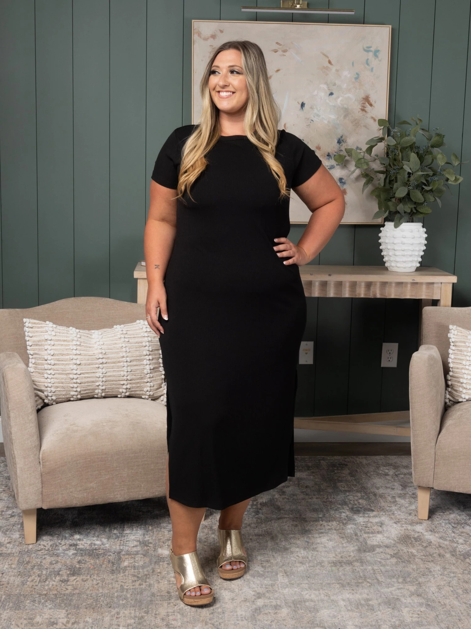 Short Sleeve Dress W/ Side Slit | S-3X - Image 2