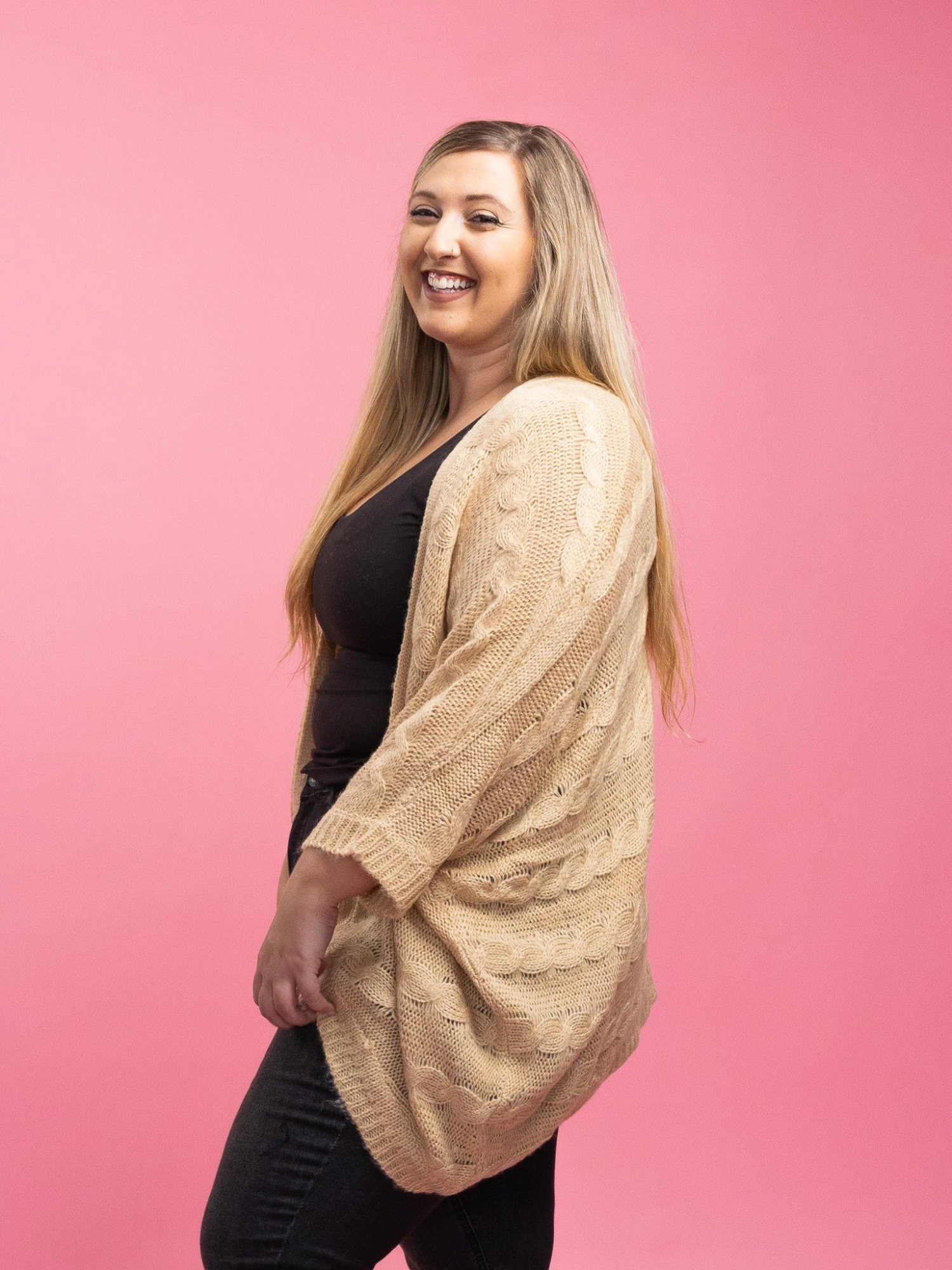 Cable Knit Long Sleeve Open Front Cocoon Cardigan | S-3X - Image 3