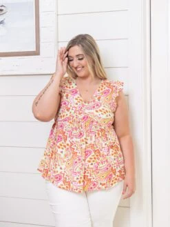 Printed Flutter Sleeve Split Neck Blouse | S - 3X