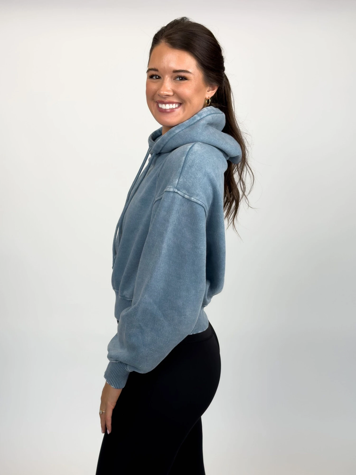 Zenana Acid Wash Cropped Fleece Long Sleeve Drawstring Hoodie | S - L - Image 3