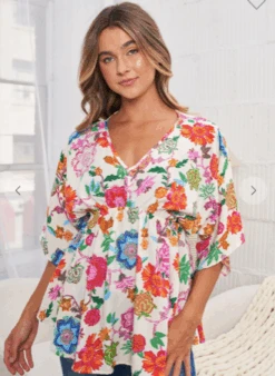White Birch Half Sleeve Floral Print Top | S-3X