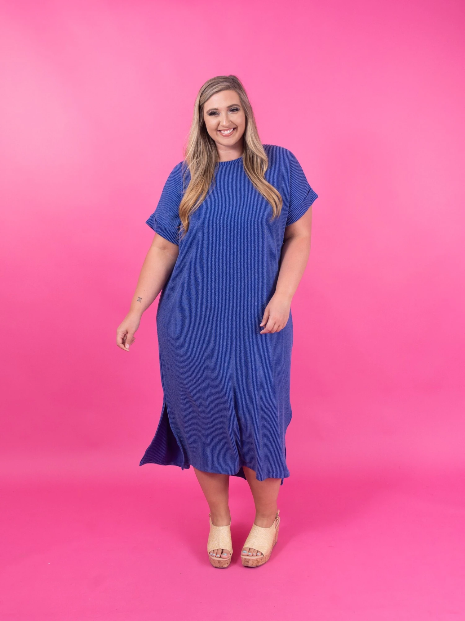 Short Sleeve Round Neck Ribbed Midi Dress | S - 2X - Image 2