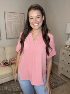 Zenana Heavy Woven Span Slit Split Neck Short Sleeve Top | S - 3X