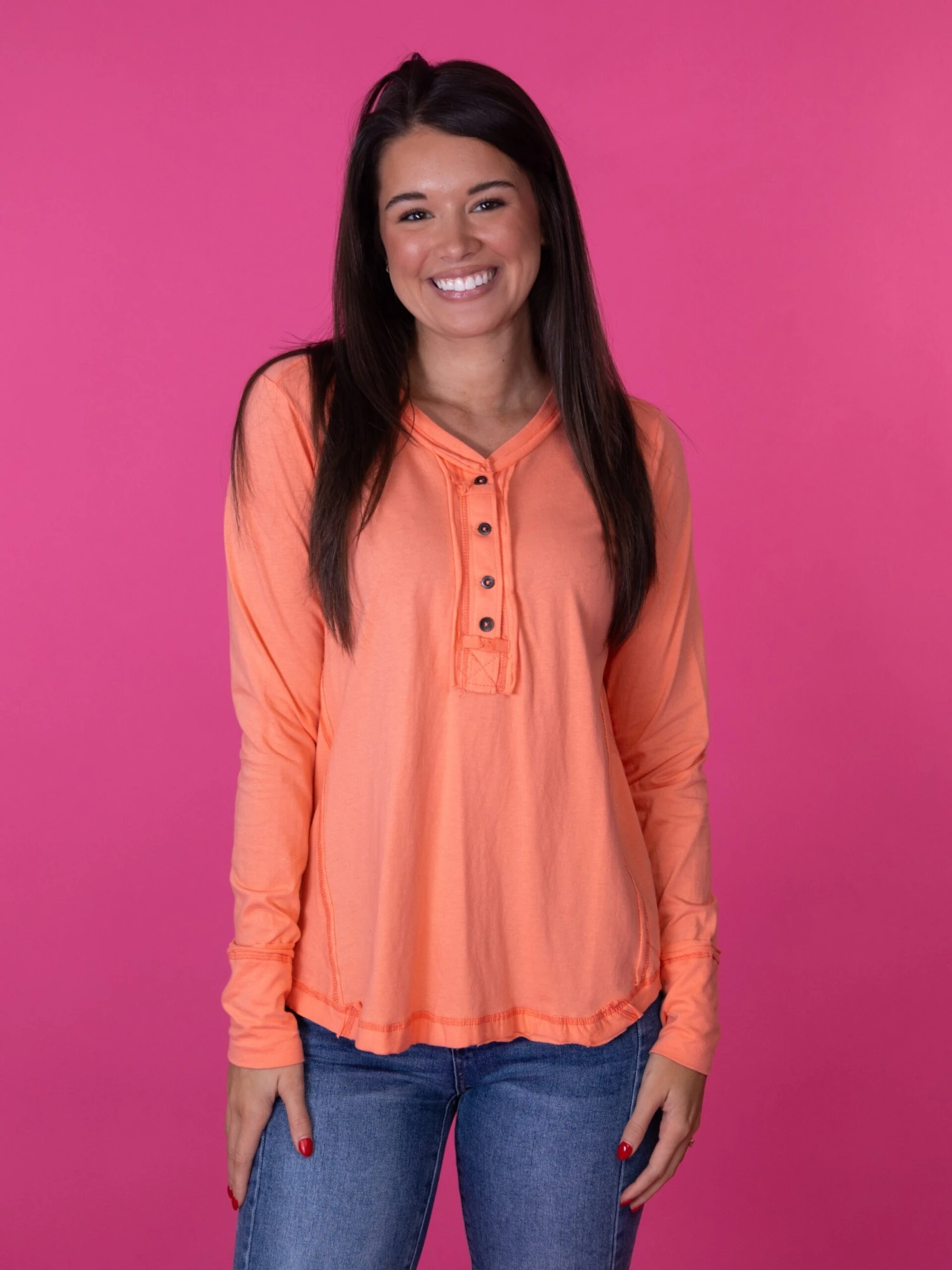 Zenana Long Sleeve Henley Top W/ Thumb Hole Cuffs | S-L - Image 2