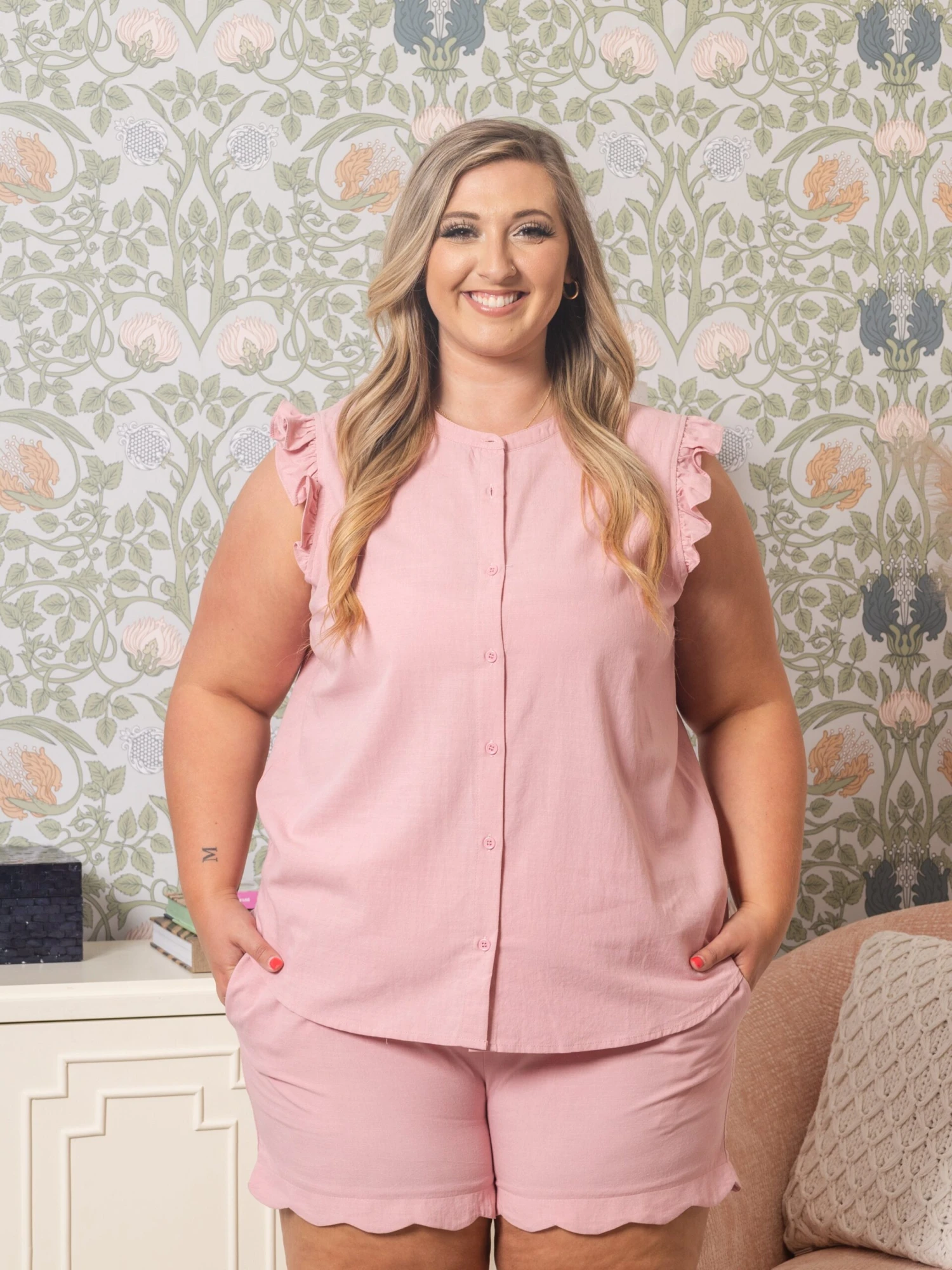 Button Down Sleeveless Top W/ Ruffles| S-3X Set W/ ID1711 - Image 2