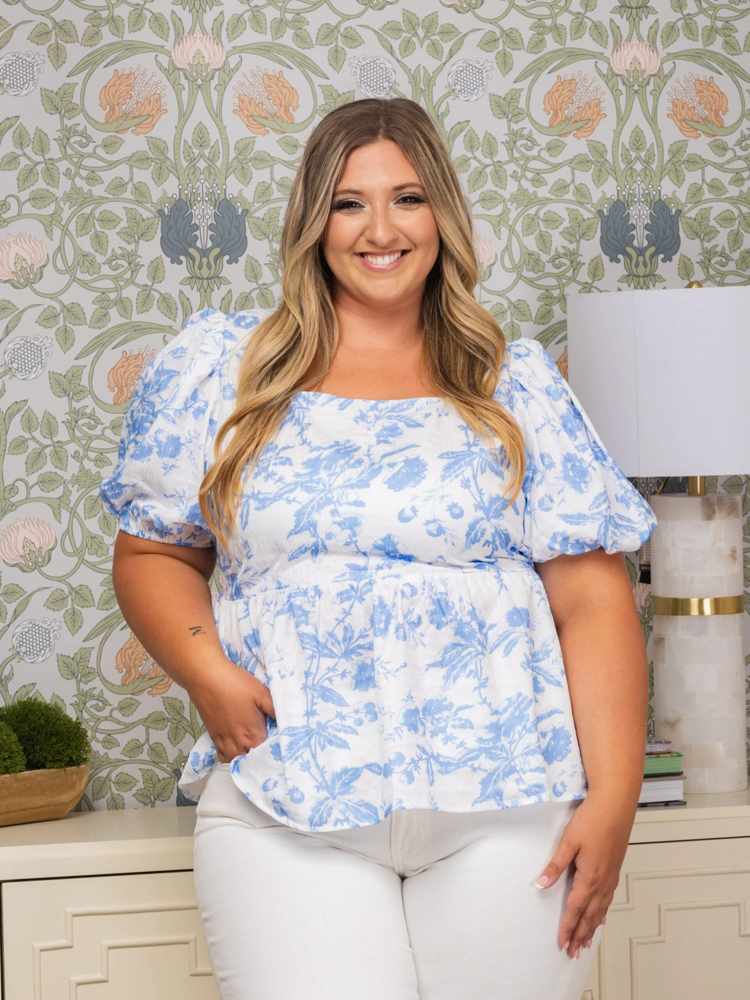 Printed Textured Woven Square Neck Top | S-3XL