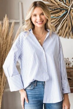 Striped Button Down Open Back Shirt | S - 3X