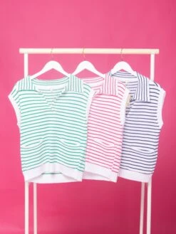 Striped Knit Sleeveless Top With Pockets | S - L