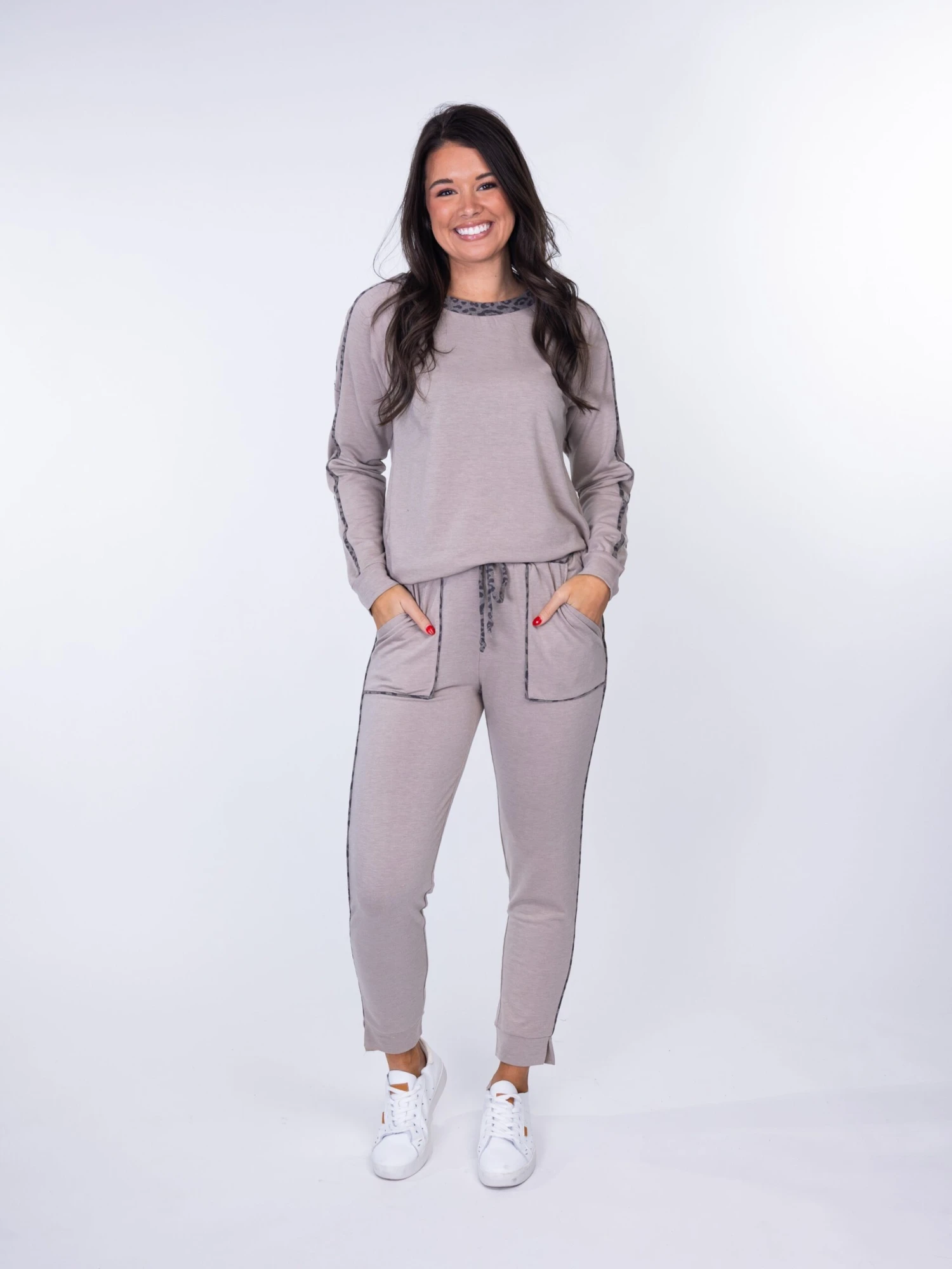 Leopard Trim Round Neck Lounge Pullover | S-L Set W/ Sku48789
