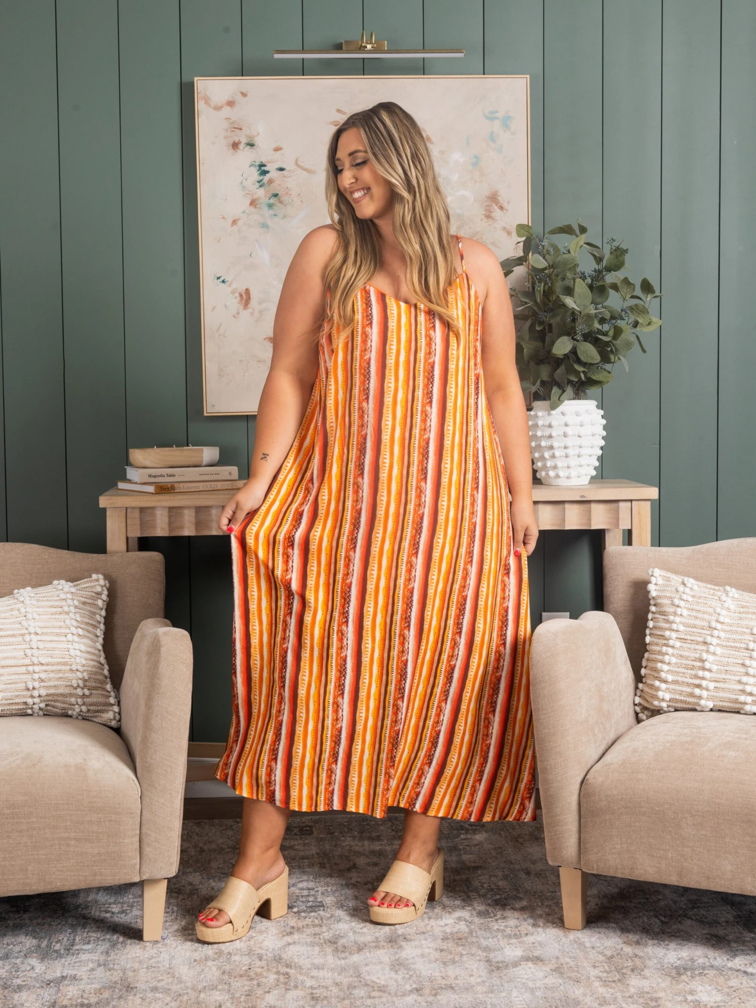 Striped Print Adjustable Maxi Dressw/ Pockets | S - 3X