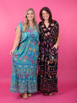 Easel Dolman Sleeve Printed Gauze V Neck Maxi Dress | S - L