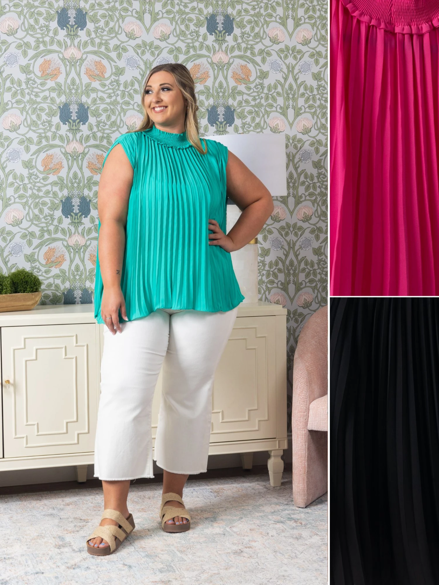 Smocked Mock Neck Sleeveless Pleated Accordion Blouse | S-3XL