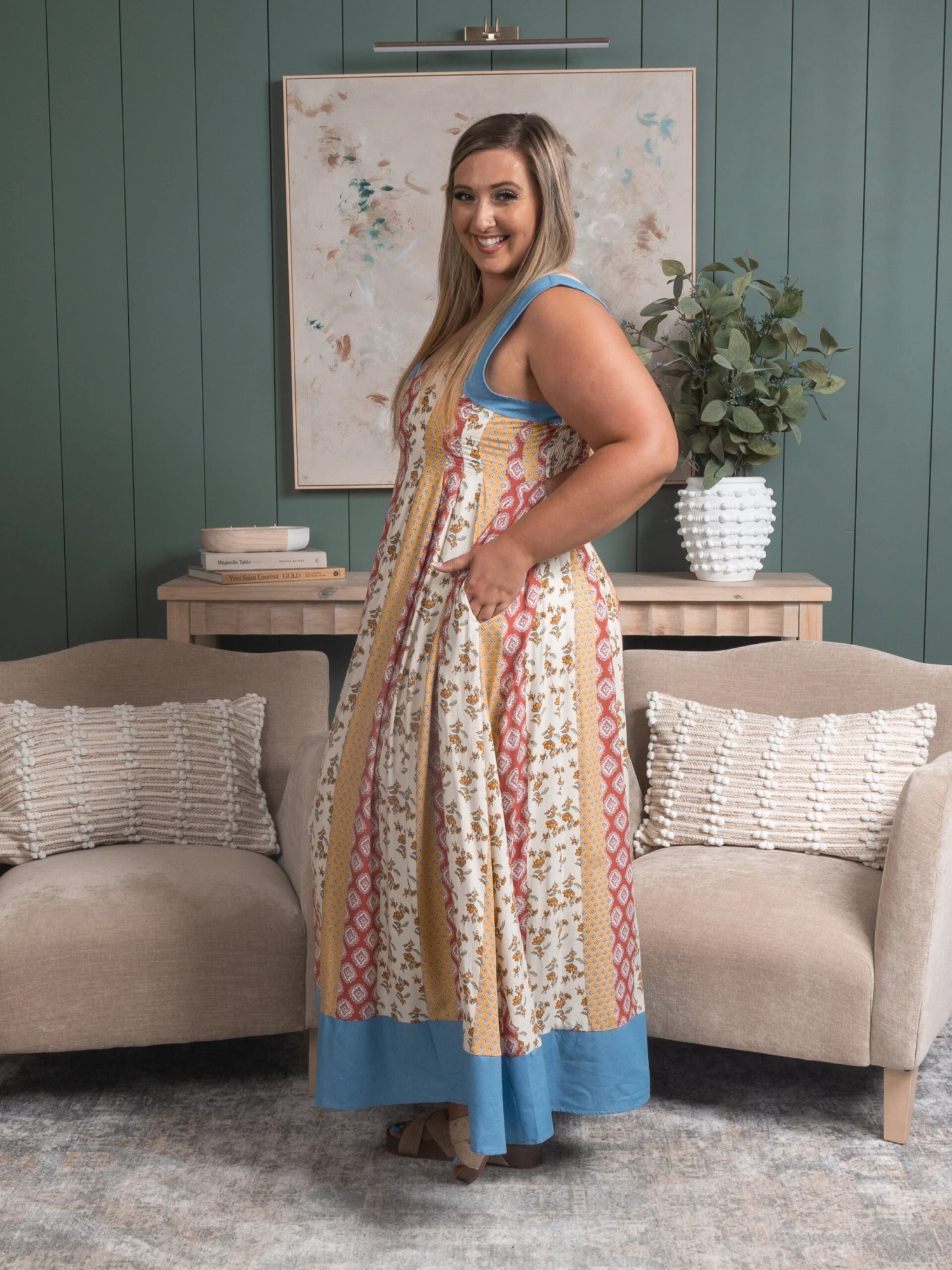 Contrast Denim Open Smocking Back Pleated Dress | S - 3XL Summer Concerts & Festivals - Image 3