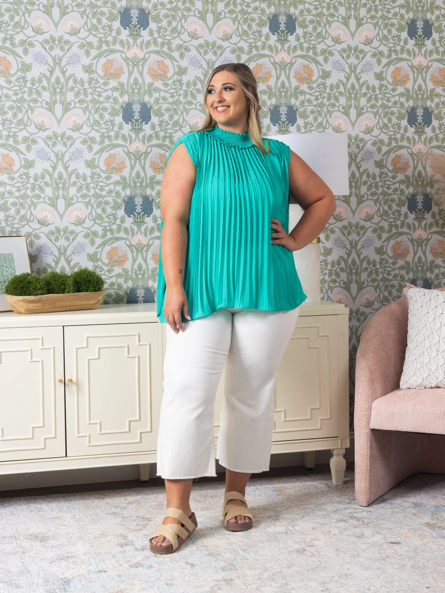 Smocked Mock Neck Sleeveless Pleated Accordion Blouse | S-3XL - Image 2