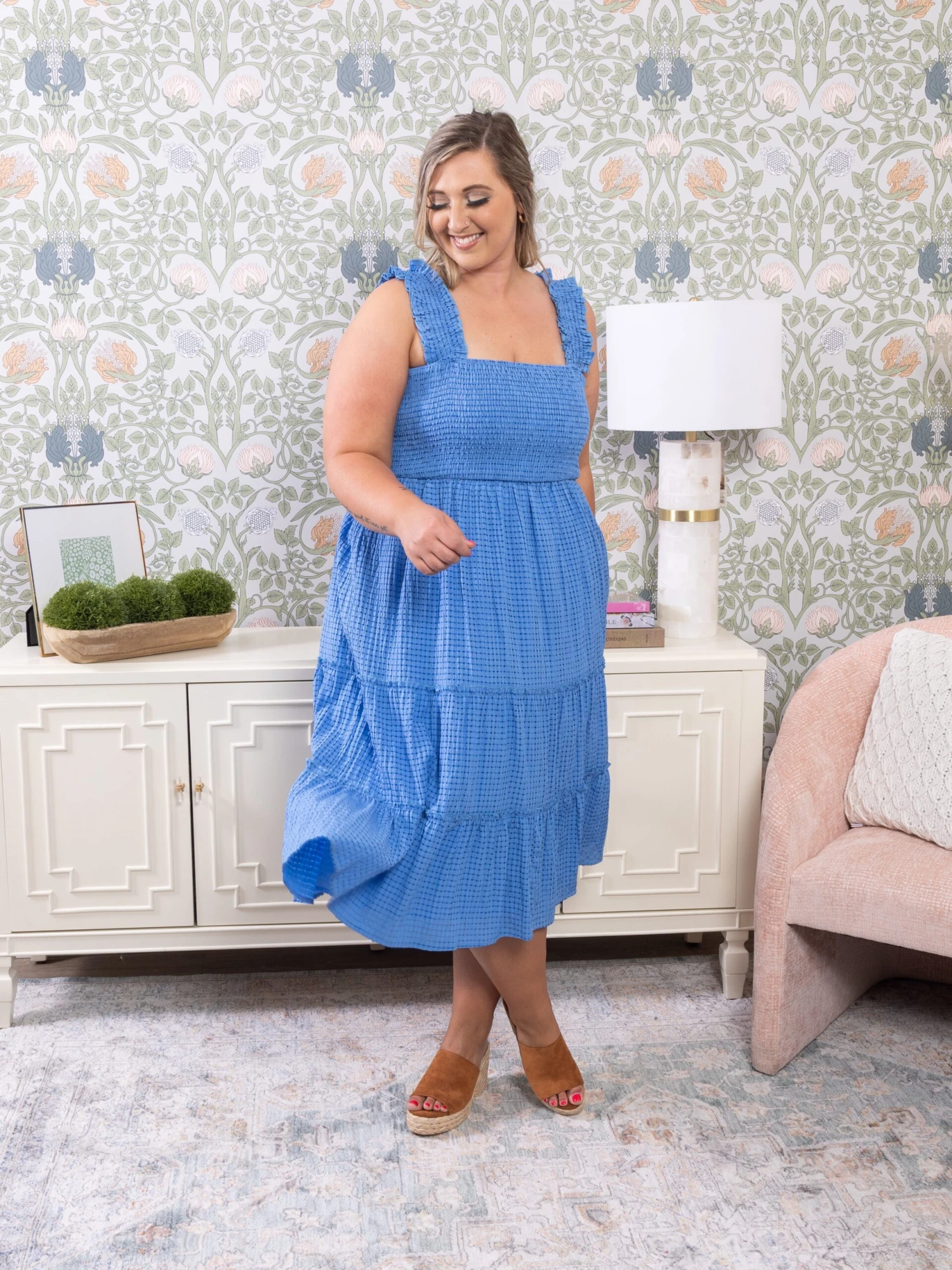 Jacquard Checker Smocking Tiered Midi Dress | S - 3XL - Image 3