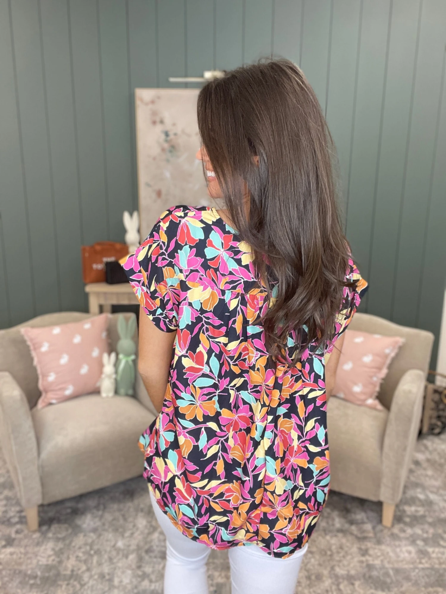 Floral Print V-Neck Drop Shoulder Short Sleeve Top | S - 3X - Image 3