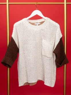 Oversized Color Block 3/4 Sleeve Waffle Knit Sweater | S-L