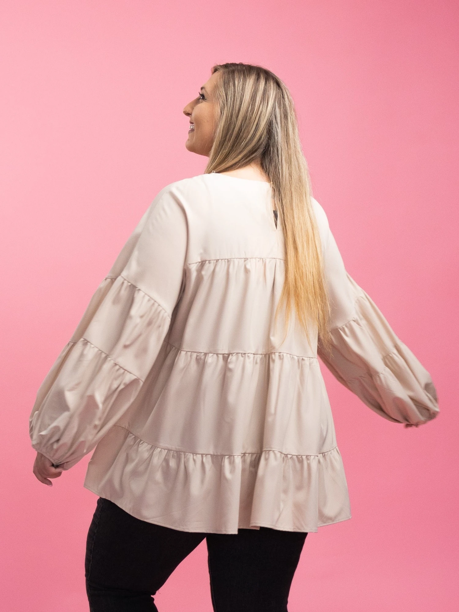 Long Sleeve Round Neck Tiered Top | S - 3X - Image 7