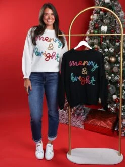 Merry And Bright Tinsel Lettering Long Sleeve Christmas Sweater | S-XL