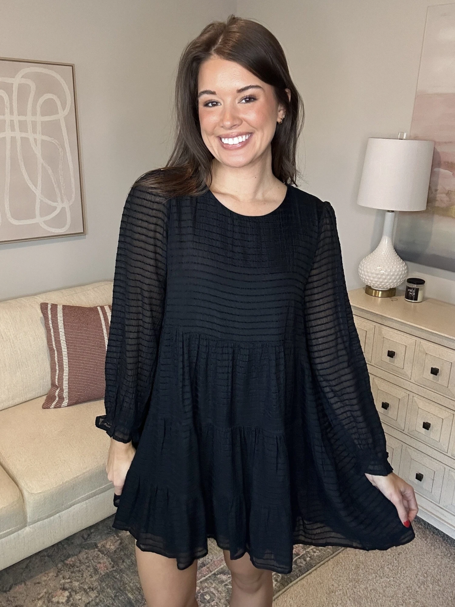 Long Sleeve Round Neck Textured Tiered Dress W/ Pockets | S-L - Image 3